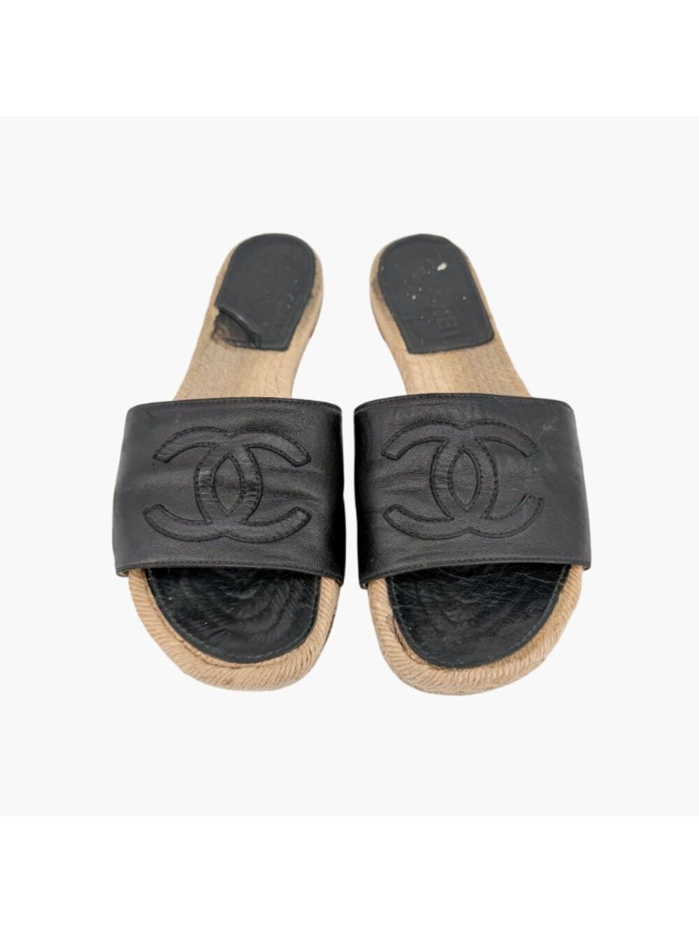 Chanel Black Leather CC Espadrille Slide Sandals Flats Size 38 US 7–7.5 Women's - Picture 2 of 15